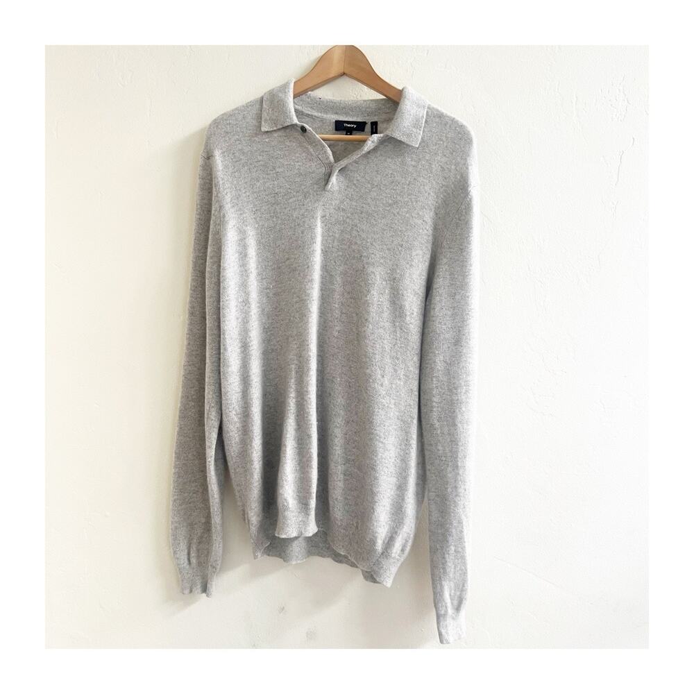 Theory Men’s Cashmere Sweater Grey Size XL Collared Button Preppy Designer